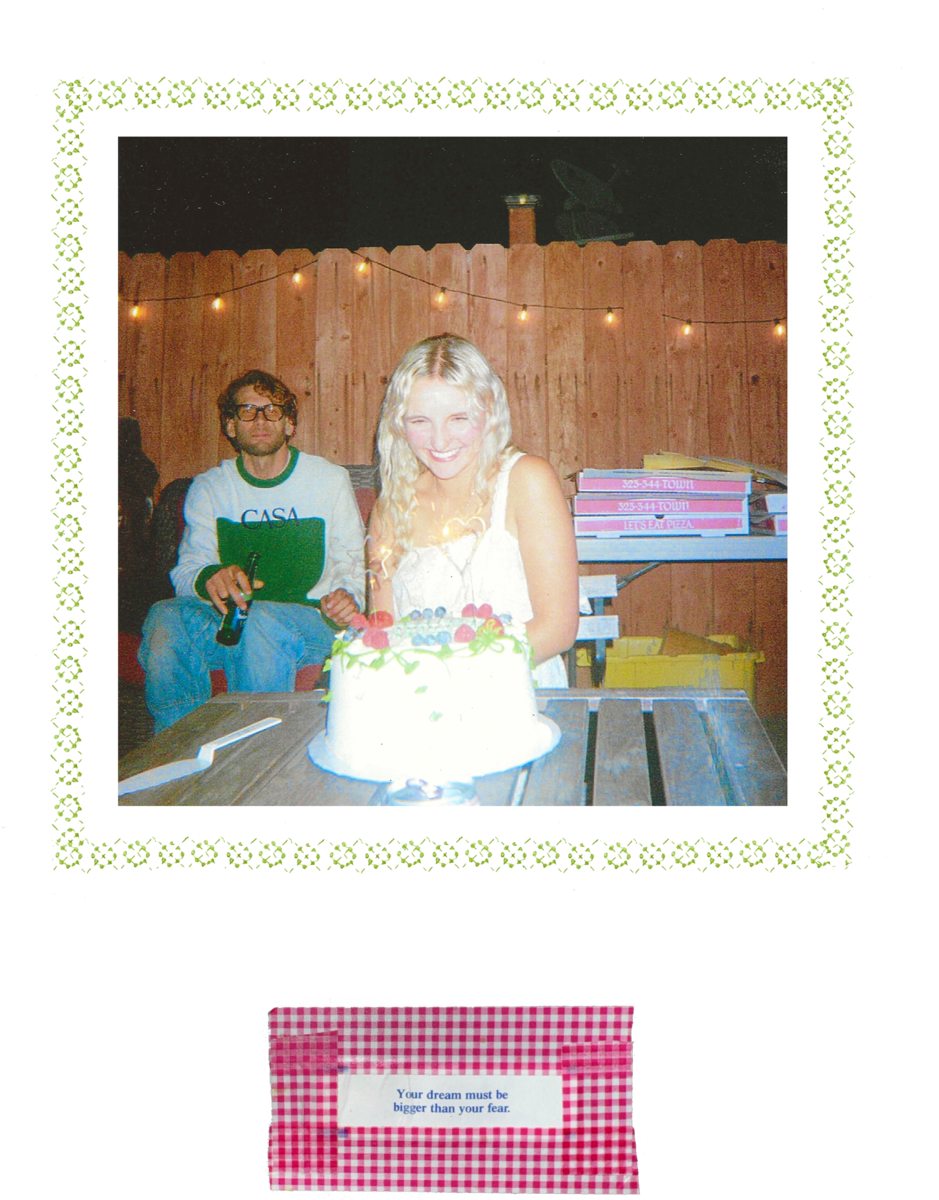 Sister Gemini birthday photo with fortune cookie note reading 'Your dream must be bigger than your fear.'